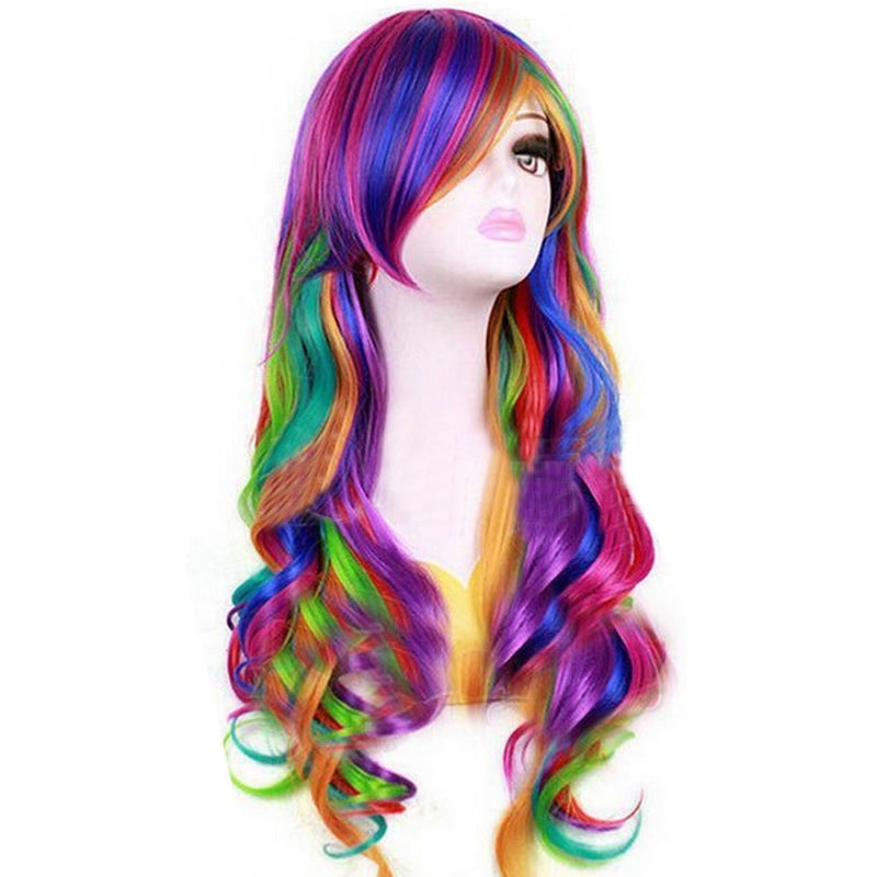 KOLIGHT Girls Long Curly Rainbow Color Cosplay Party Costume Hair Wigs with Cap+Comb - Image 1